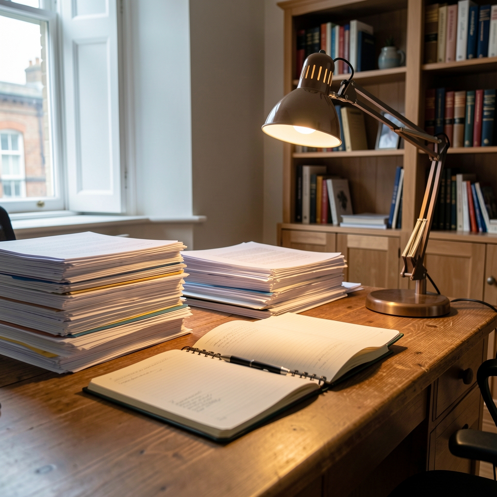 Editorial workspace with stacked research papers, an open notebook, and a desk lamp casting warm light across the surface in a quiet London office