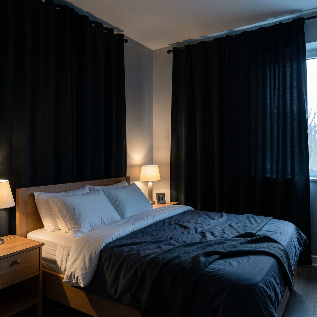 Quiet bedroom interior with blackout curtains drawn, a single bedside lamp providing the only light source, cool temperature atmosphere
