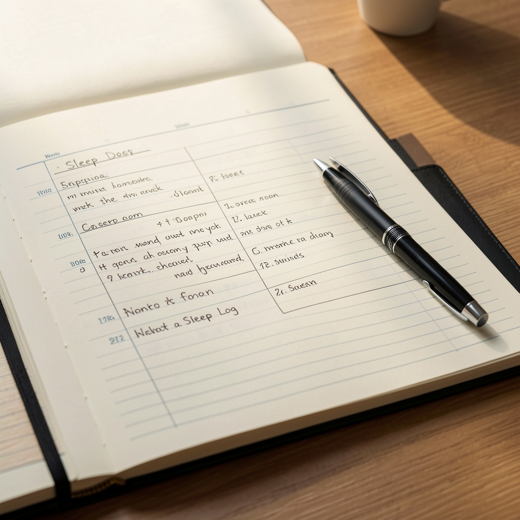 Notebook open to a hand-written sleep log with entries across a two-week period, pen resting on the page in natural daylight