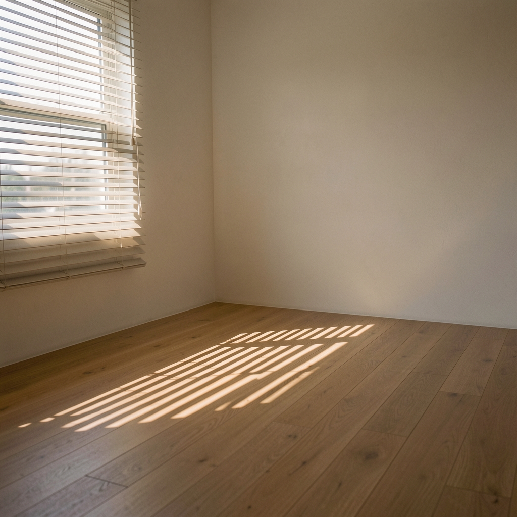 Morning light entering through a gap in window blinds, casting a single bright stripe across a wooden floor in a minimalist room