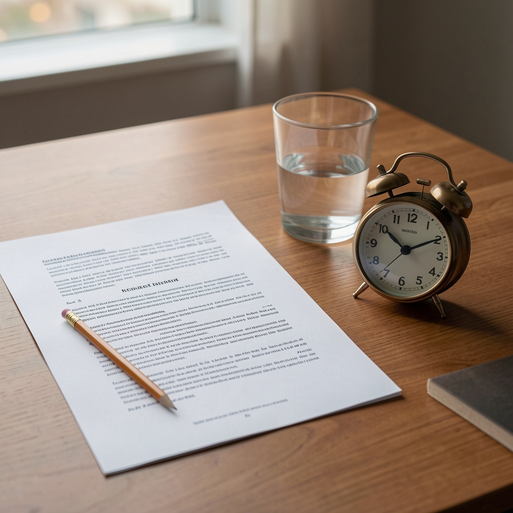 A desk arrangement with a printed research article, a pencil, and a glass of water beside a small analogue clock showing evening time