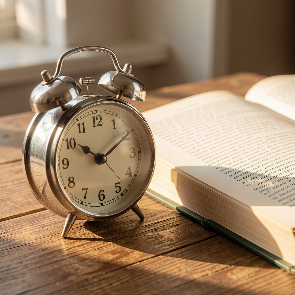 Close-up of an analogue alarm clock resting on a wooden surface beside a half-read paperback book in warm morning light