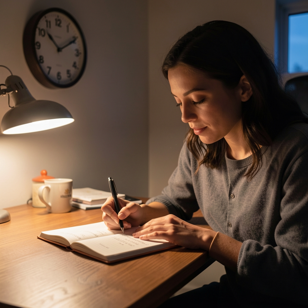 A person writing in a sleep tracking journal by lamplight at a wooden desk, pen in hand, clock on the wall showing late evening
