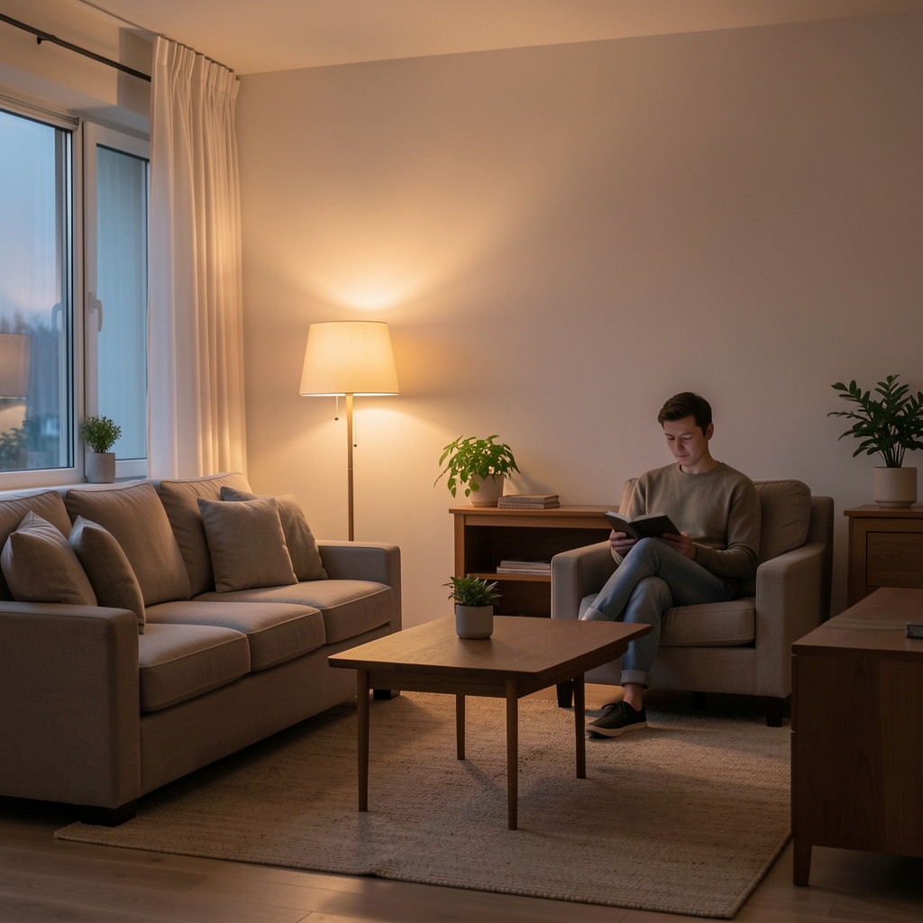 A quiet living room in the evening with a single lamp on, a person seated at a distance with a notebook, no screens visible in frame