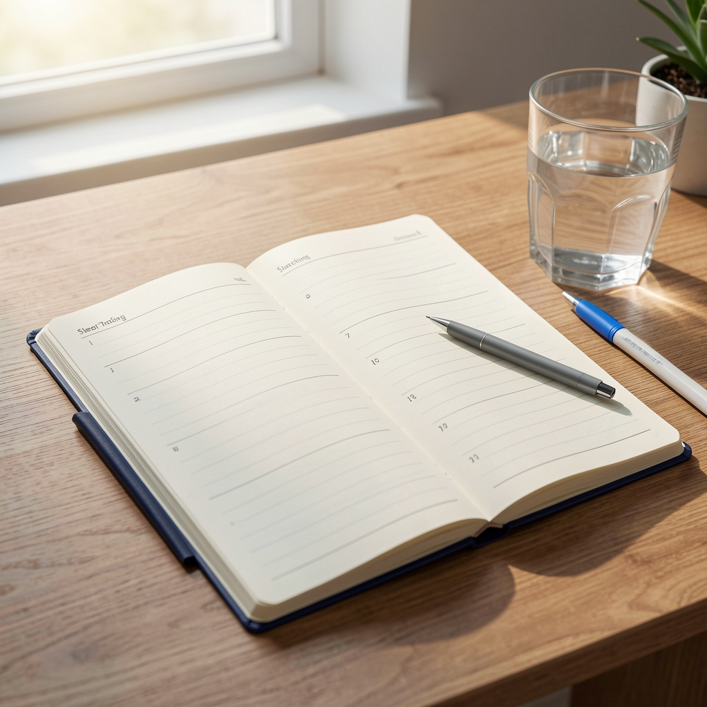 A neatly arranged sleep tracking journal open on a desk beside a blue-tipped pen and a glass of water in natural daylight