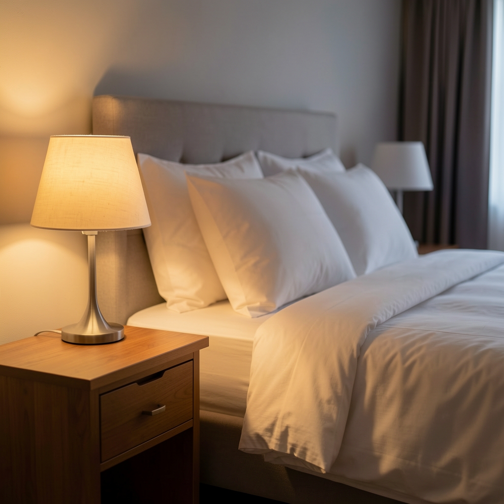 Dimly lit bedroom with warm bedside lamp glowing on a wooden nightstand, a neatly made bed with white linen visible in soft focus