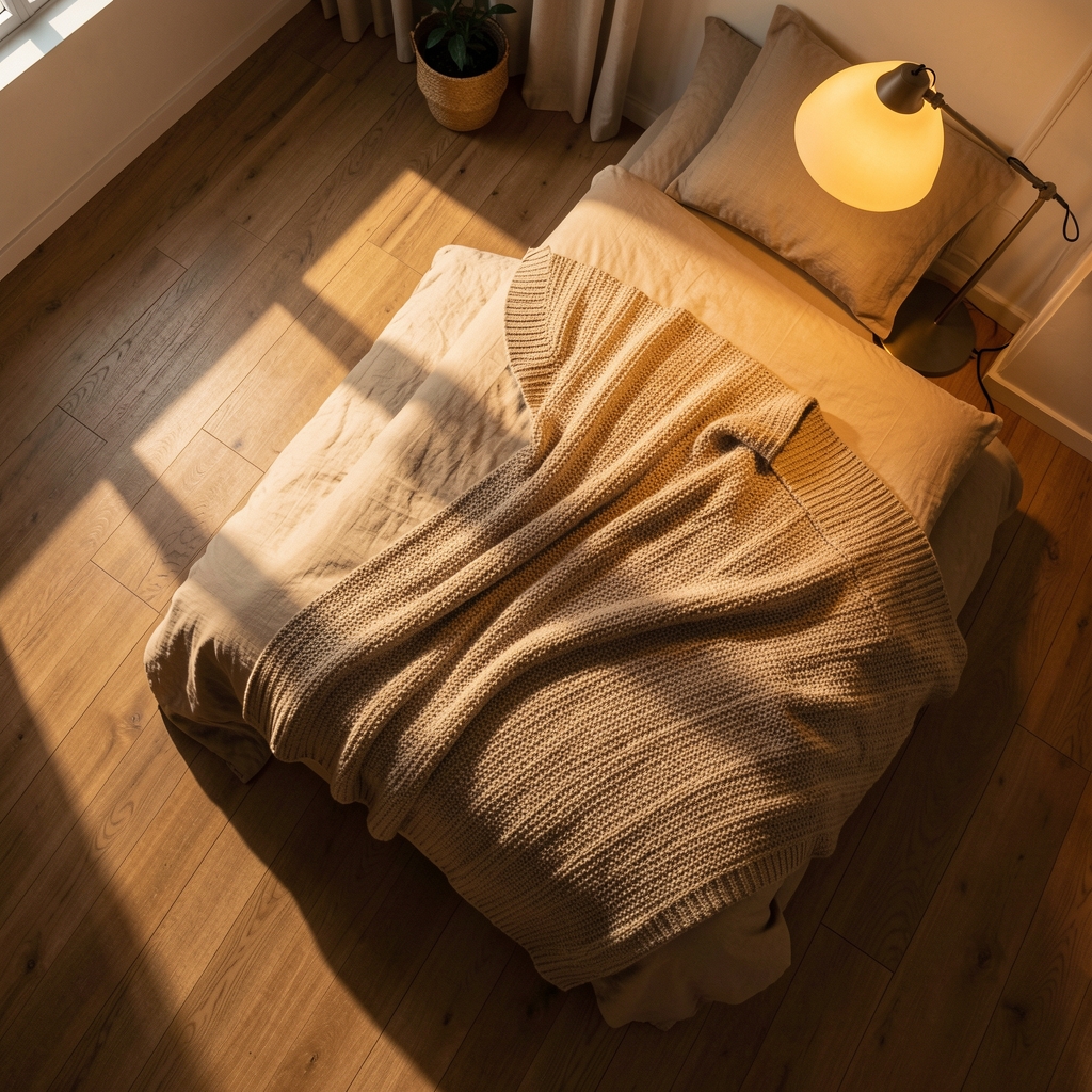 Overhead view of a bedroom with a weighted blanket on a bed, warm amber light from a floor lamp casting long shadows across wooden floorboards