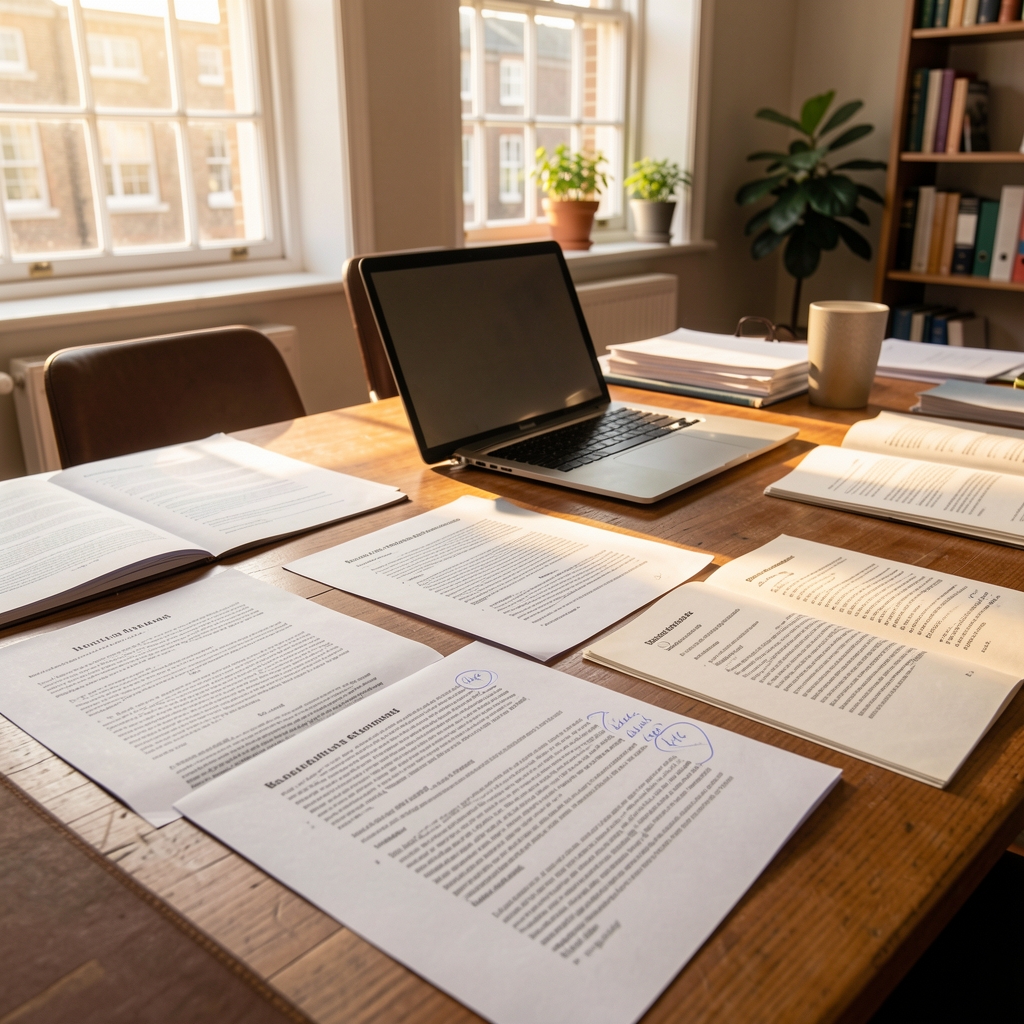 Research papers and annotated journal articles spread across a wooden desk in a well-lit London office with warm afternoon light
