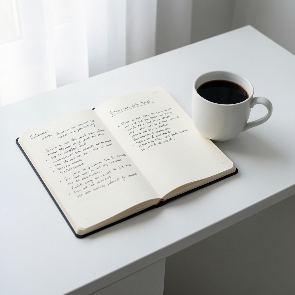 Open notebook with handwritten editorial notes and a cup of black coffee on a clean white desk in a minimalist workspace